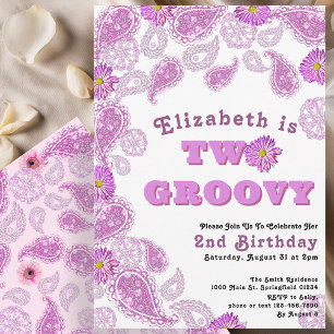 Två Groovy 2:a födelsedag Rosa Paisley och Flowers Inbjudningar