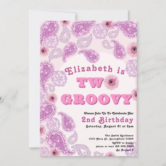 Två Groovy 2:a födelsedag Rosa Paisley och Flowers Inbjudningar (Framsida)