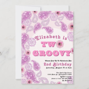 Två Groovy 2:a födelsedag Rosa Paisley och Flowers Inbjudningar
