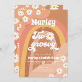 Två Groovy andra födelsedag andra Retro Boho-Daisy Inbjudningar