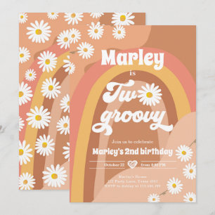 Två Groovy andra födelsedag andra Retro Boho-Daisy Inbjudningar