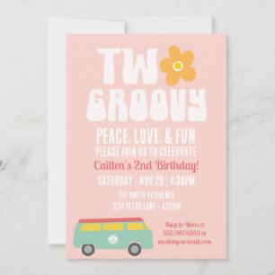Två Groovy andra födelsedag: Retro Flower Peace Va Inbjudningar