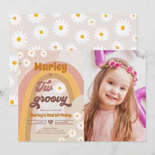 Två Groovy andra födelsedagen andra Retro Boho- Da Inbjudningar (Fram/baksida)
