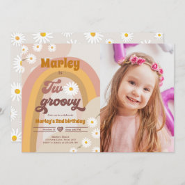 Två Groovy andra födelsedagen andra Retro Boho- Da Inbjudningar