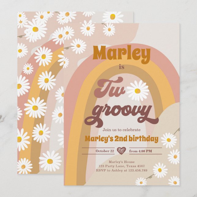 Två Groovy andra födelsedagen andra Retro Boho- Da Inbjudningar (Fram/baksida)