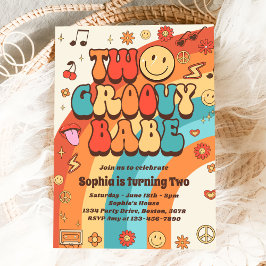 Två Groovy Babe Retro Rainbow 2:a födelsedagen Par Inbjudningar