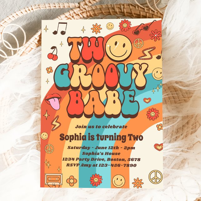Två Groovy Babe Retro Rainbow 2:a födelsedagen Par Inbjudningar (Skapare uppladdad)