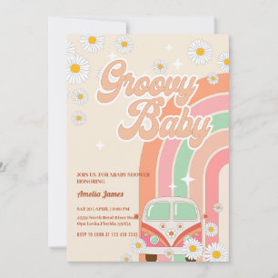Två Groovy babydusch Rosa Daisy Rainbow Van Inbjudningar