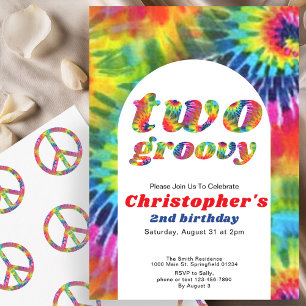 Två Groovy Birthday Retro Tie Dye 70s Hippie Inbjudningar