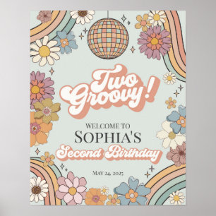 Två Groovy-Blommigt 2:a födelsedag - välkomstskylt Poster