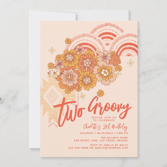 Två Groovy Boho Blommigt Groovy 2:a födelsedagen P Inbjudningar (Framsida)