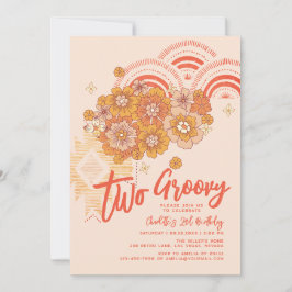 Två Groovy Boho Blommigt Groovy 2:a födelsedagen P Inbjudningar
