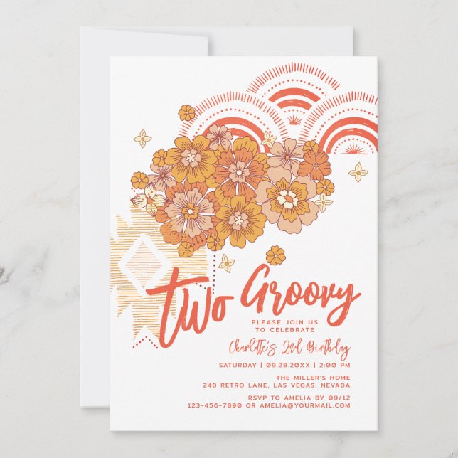 Två Groovy Boho Blommigt Groovy 2:a födelsedagen P Inbjudningar (Framsida)