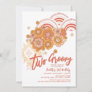 Två Groovy Boho Blommigt Groovy 2:a födelsedagen P Inbjudningar