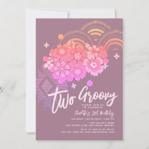 Två Groovy Boho Blommigt Retro 2:a födelsedagen Pa Inbjudningar