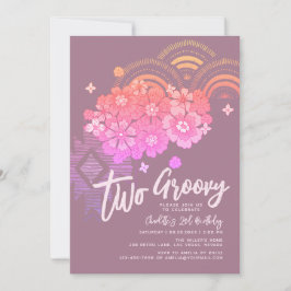Två Groovy Boho Blommigt Retro 2:a födelsedagen Pa Inbjudningar
