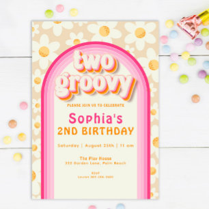 Två Groovy Boho Daisy Rainbow 2:a födelsedagsinbju Inbjudningar