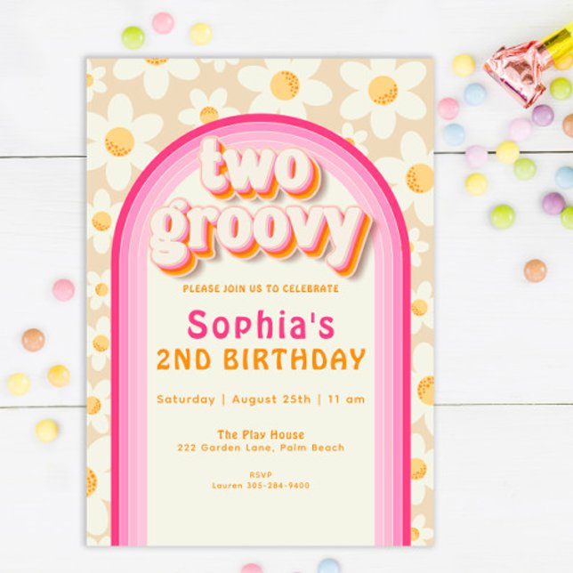 Två Groovy Boho Daisy Rainbow 2:a födelsedagsinbju Inbjudningar (Skapare uppladdad)