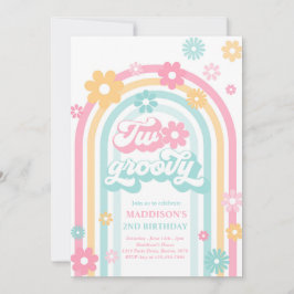 Två Groovy Boho Daisy Rainbow 2 Birthday Party Inbjudningar