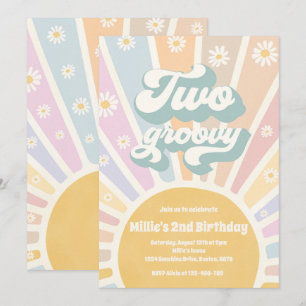 Två Groovy Boho Sunshine Daisy 2:a födelsedagen Pa Inbjudningar