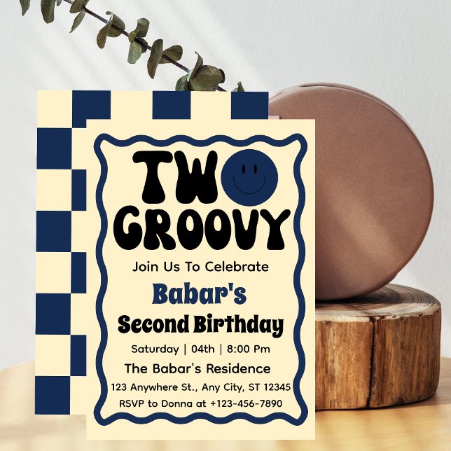 Två Groovy Boy 2:a födelsedag Retro Vågigt kurva Inbjudningar (Skapare uppladdad)