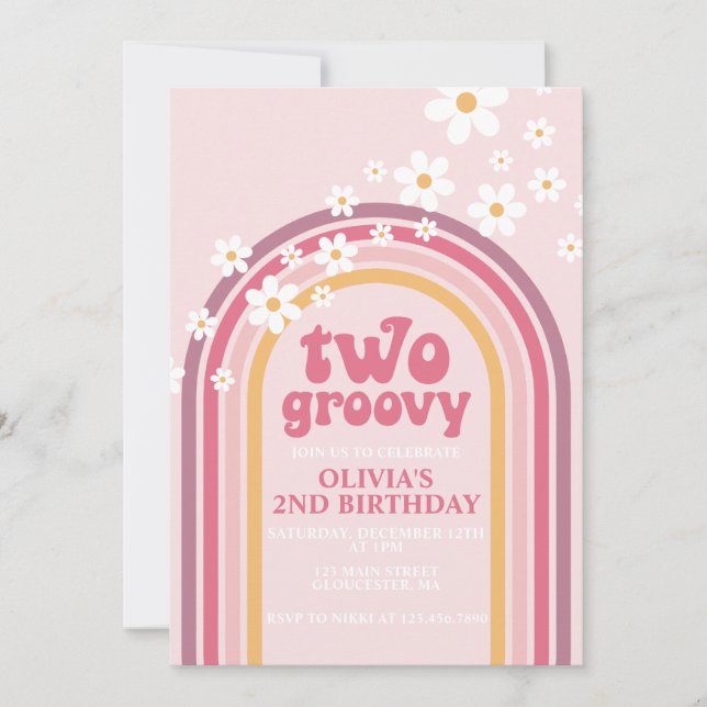 Två Groovy daisy boho blommigt regnbåge 2 år Inbjudningar (Framsida)