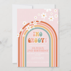 Två Groovy daisy boho blommigt regnbåge 2 år Inbjudningar