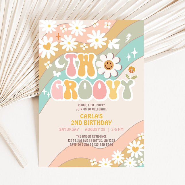 TVÅ Groovy Daisy Hippie 70-tals Retro Födelsedag Inbjudningar (Skapare uppladdad)