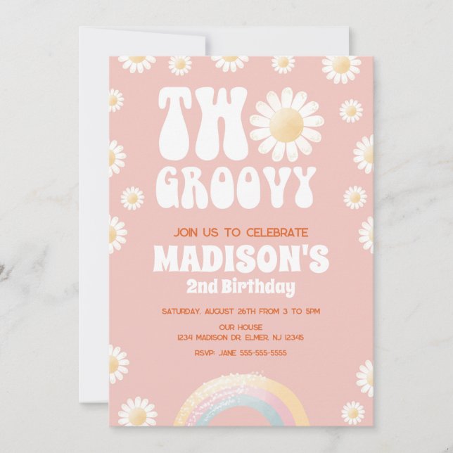 Två Groovy Daisy Rainbow 70-tal Retro 2-års Födels Inbjudningar (Framsida)