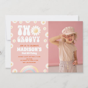 Två Groovy Daisy Rainbow Retro Foto 2-års Födelsed Inbjudningar