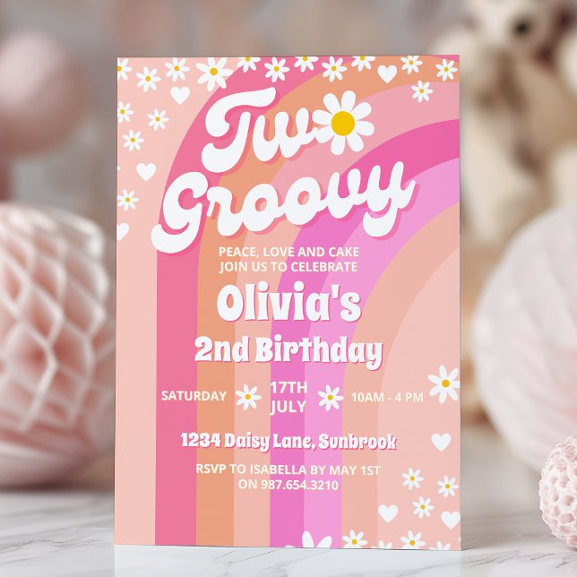 Två Groovy Daisy Regnbåge 2:a födelsedag Inbjudningar (Skapare uppladdad)