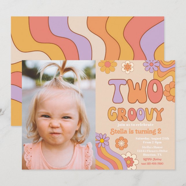 Två Groovy-fotoinbjudan | Groovy Birthday Inbjudningar (Fram/baksida)