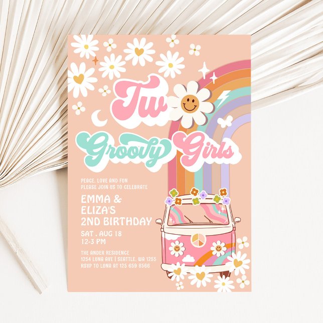 Två Groovy Girls Twin Daisy Rainbow Van Birthday Inbjudningar (Skapare uppladdad)