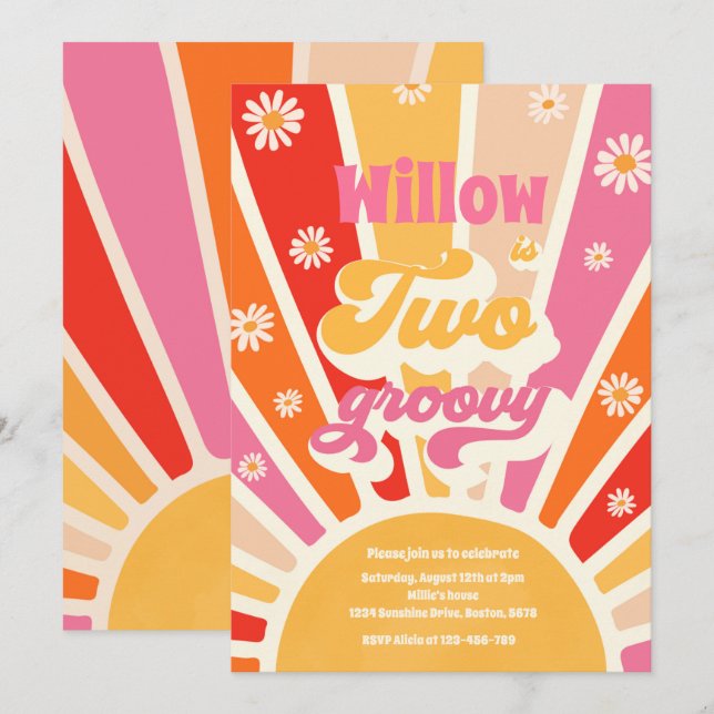 Två Groovy Hippie, andra födelsedagen, solskensDai Inbjudningar (Fram/baksida)
