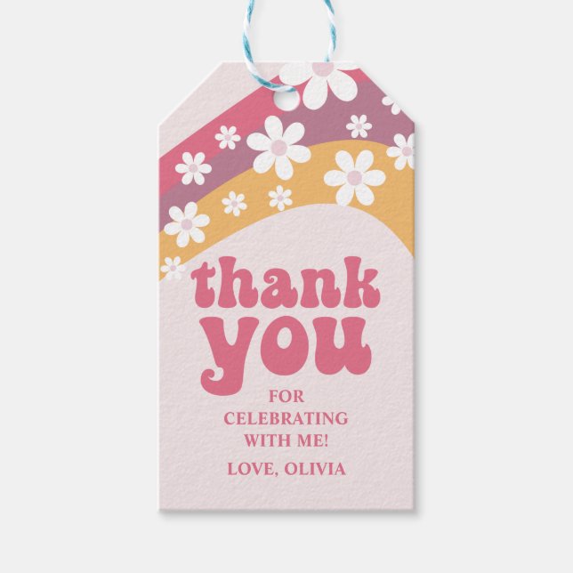 Två Groovy hippie Daisy Boho Rainbow Favor Presentetikett (Framsidan)