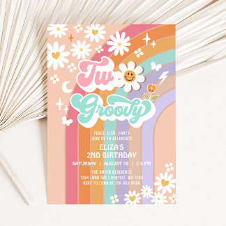 Två Groovy Hippie Daisy Rainbow 2:a födelsedagen Inbjudningar