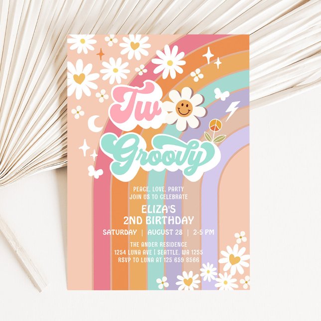 Två Groovy Hippie Daisy Rainbow 2-års födelsedag Inbjudningar (Skapare uppladdad)