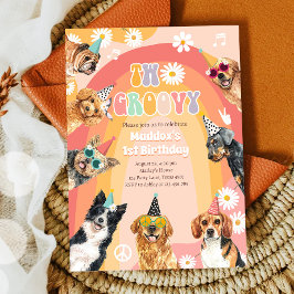 Två Groovy Hund Retro Pawty Boy Birthday Inbjudningar