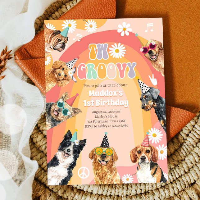 Två Groovy Hund Retro Pawty Boy Birthday Inbjudningar (Skapare uppladdad)