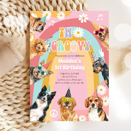 Två Groovy Hund Retro Pawty Girl Birthday Inbjudningar