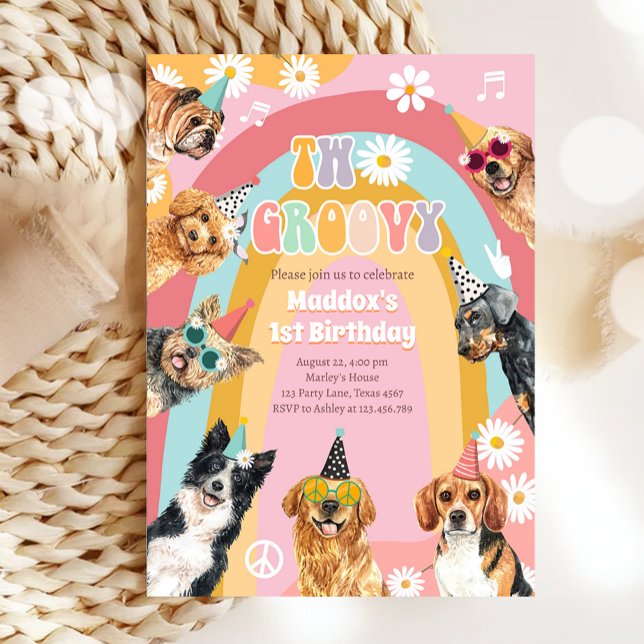 Två Groovy Hund Retro Pawty Girl Birthday Inbjudningar (Skapare uppladdad)