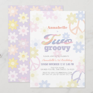 Två Groovy Pastel Färg Daisy 2:a födelsedagen Inbjudningar