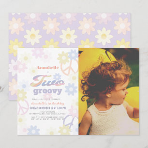 Två Groovy Pastel Färg Daisy 2:a födelsedagsfoto Inbjudningar