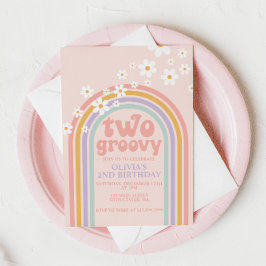 Två Groovy Pastel Rinbow 2ND-födelsedag Inbjudningar