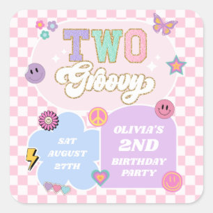 Två Groovy Preppy Patch 2:a födelsedagen Party Fyrkantigt Klistermärke