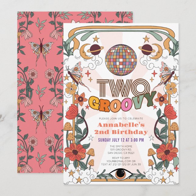 Två Groovy Psychedelic Retro Girl 2:a födelsedagen Inbjudningar (Fram/baksida)