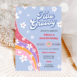 Två Groovy Rainbow Blommigt 2:a födelsedagen Party Inbjudningar