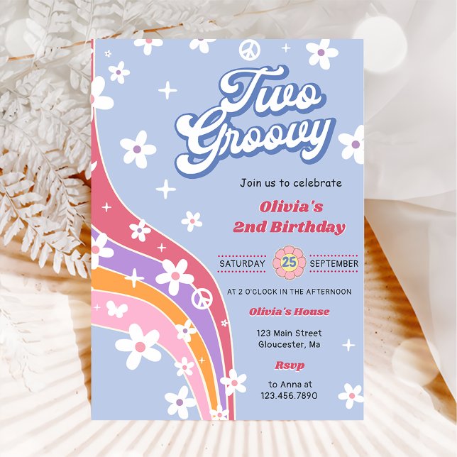 Två Groovy Rainbow Blommigt 2:a födelsedagen Party Inbjudningar (Skapare uppladdad)