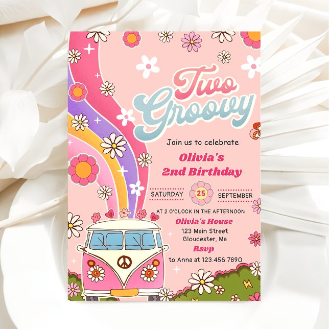 Två Groovy Rainbow Blommigt 2:a födelsedagen Party Inbjudningar (Skapare uppladdad)