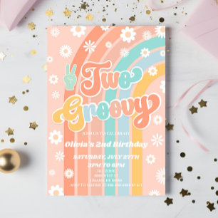Två Groovy Rainbow Daisy Retro 2:a födelsedagen Pa Inbjudningar